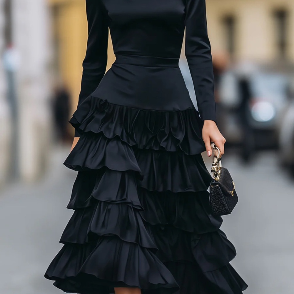 NWT Mooyius elegant ruffled mock turtleneck dress.